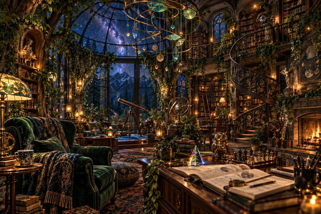 An imagined library observatory with a fire, books, living trees, a geometric mobile and a dome opening onto a starry forest sky.